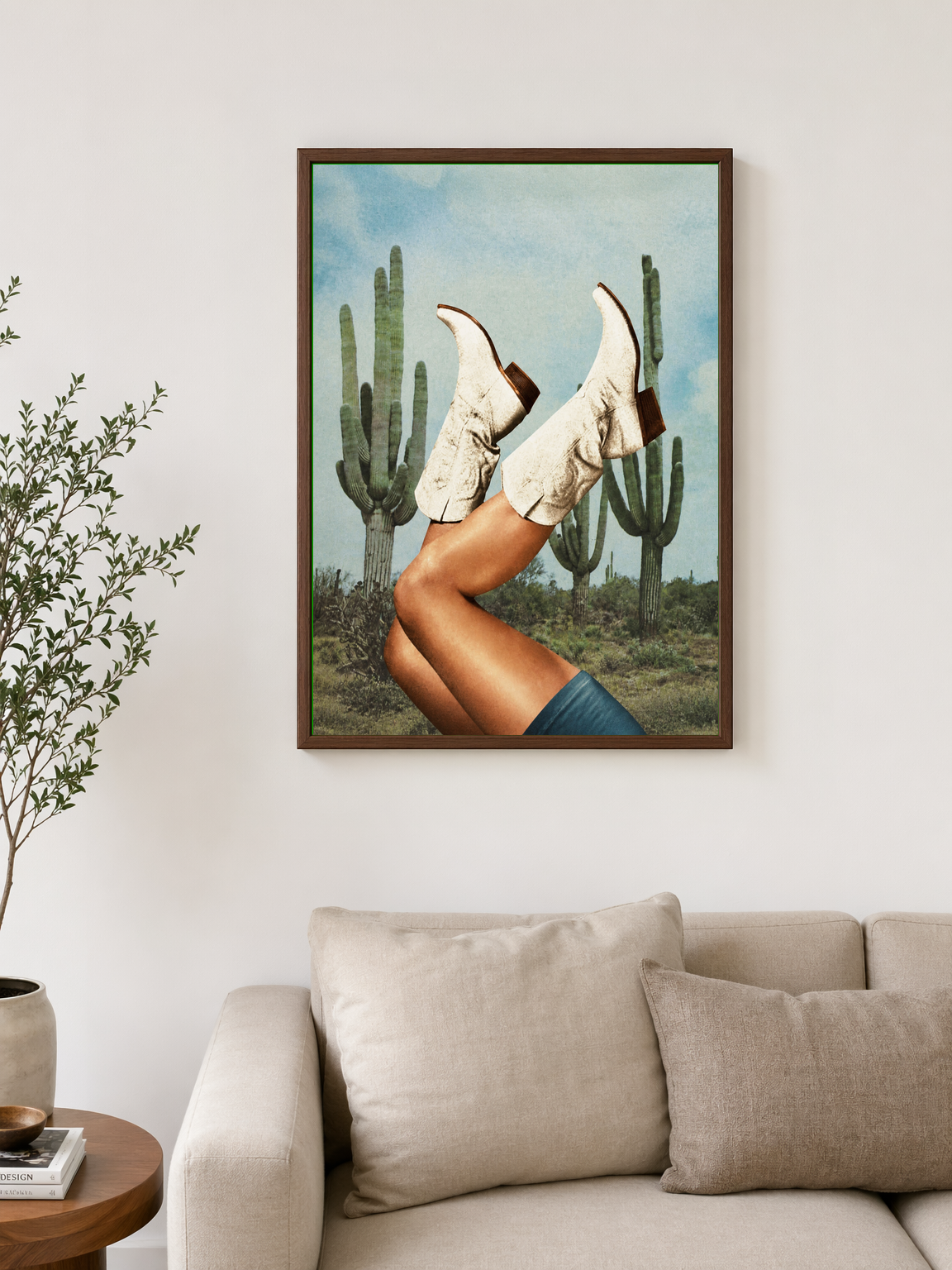 Surreal Cowboy Boots Desert Wall Art Print - dark wood framed