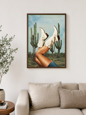 Surreal Cowboy Boots Desert Wall Art Print - dark wood framed