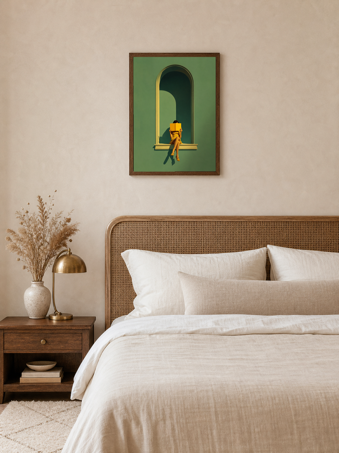 Minimalist Reader in Arch Wall Art Print - dark wood framed