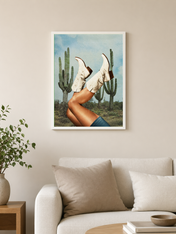 Surreal Cowboy Boots Desert Wall Art Print - white framed