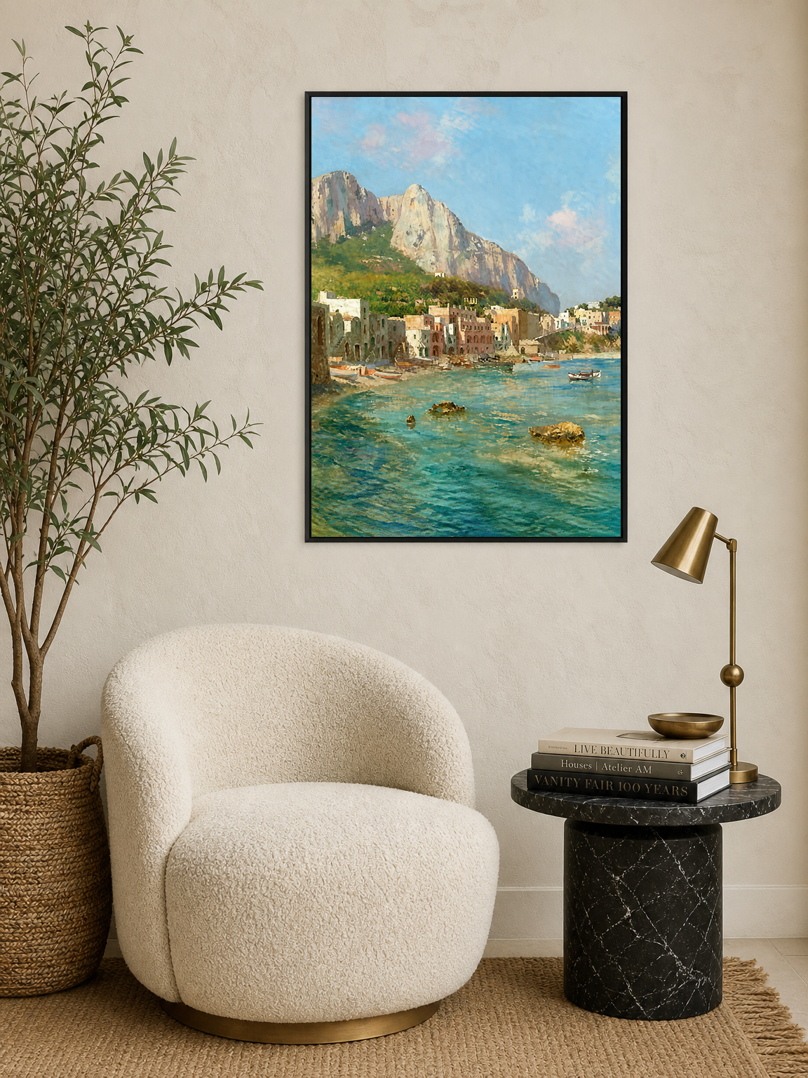 Coastal Italian Harbor Wall Art Print - black framed