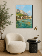 Coastal Italian Harbor Wall Art Print - black framed