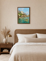 Coastal Italian Harbor Wall Art Print - dark wood framed