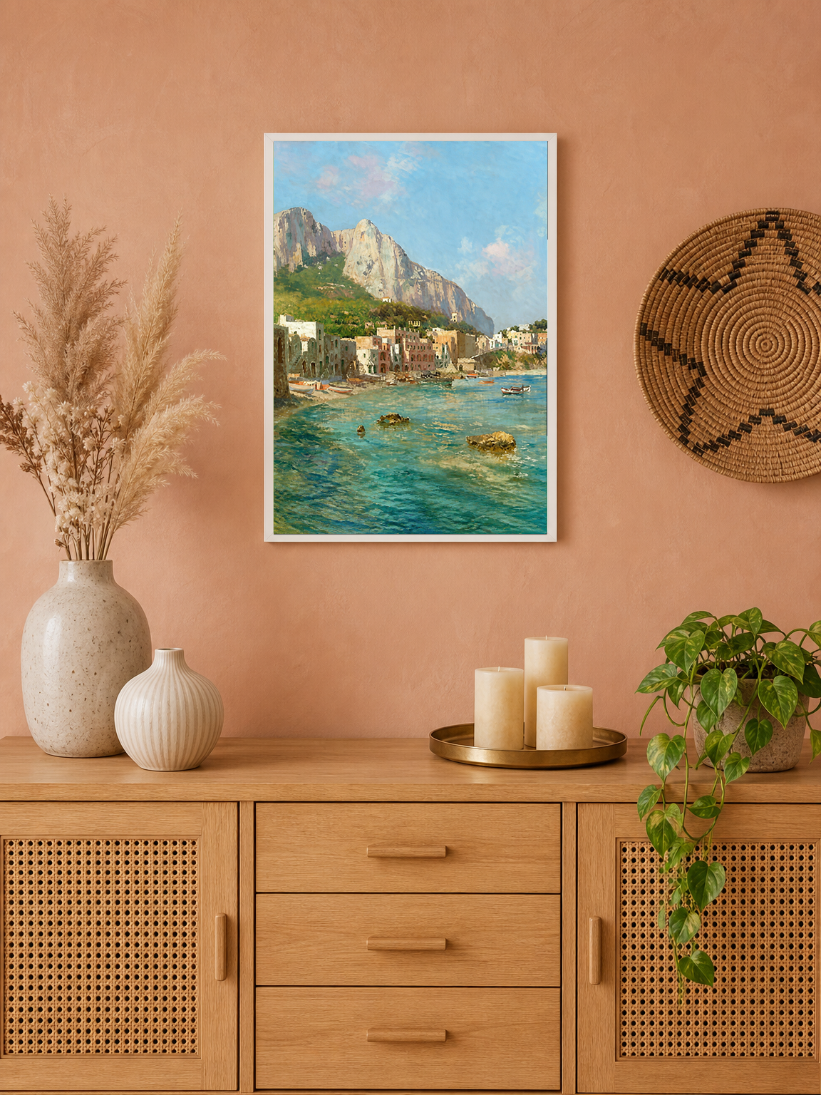 Coastal Italian Harbor Wall Art Print - white framed