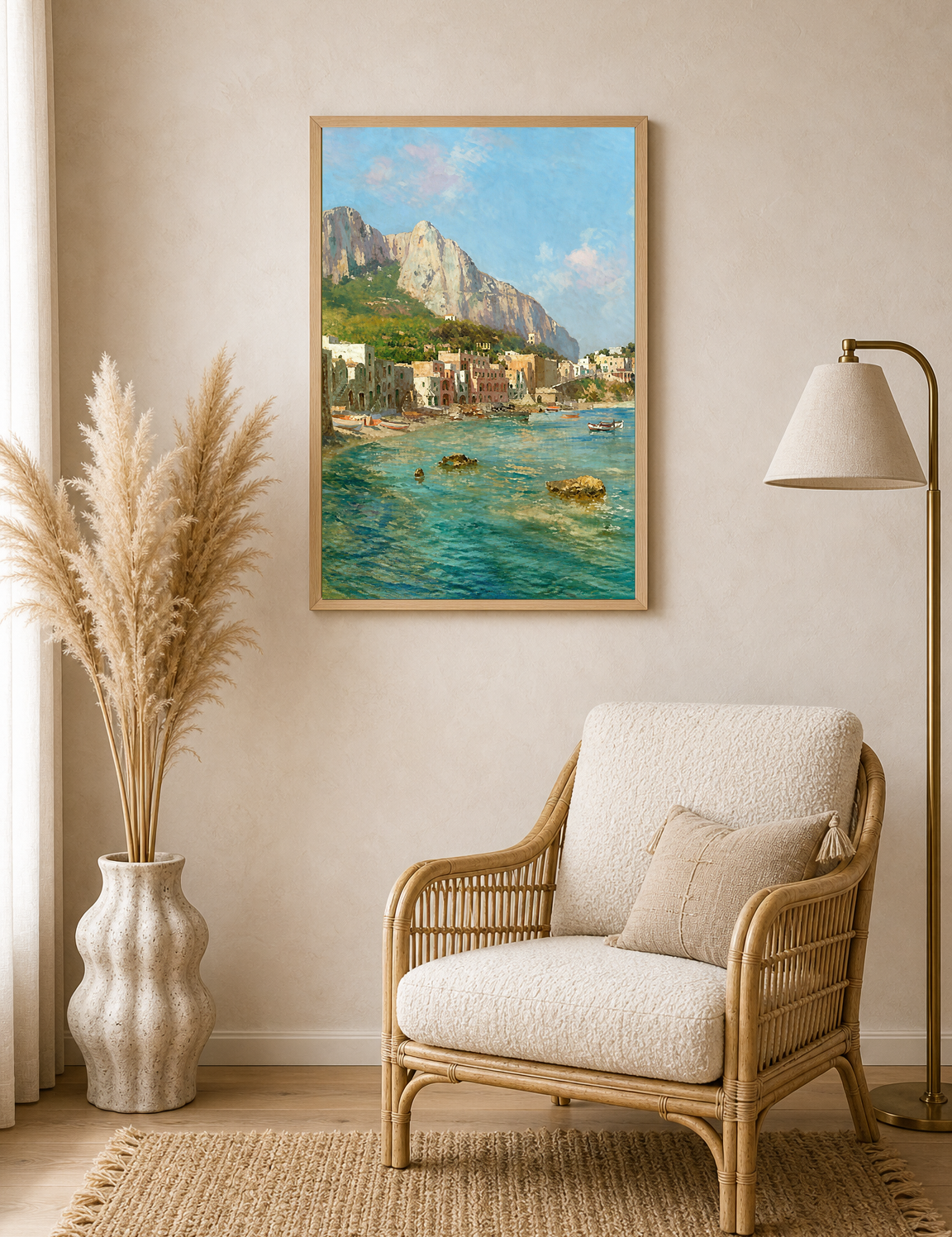 Coastal Italian Harbor Wall Art Print - wood framed poster