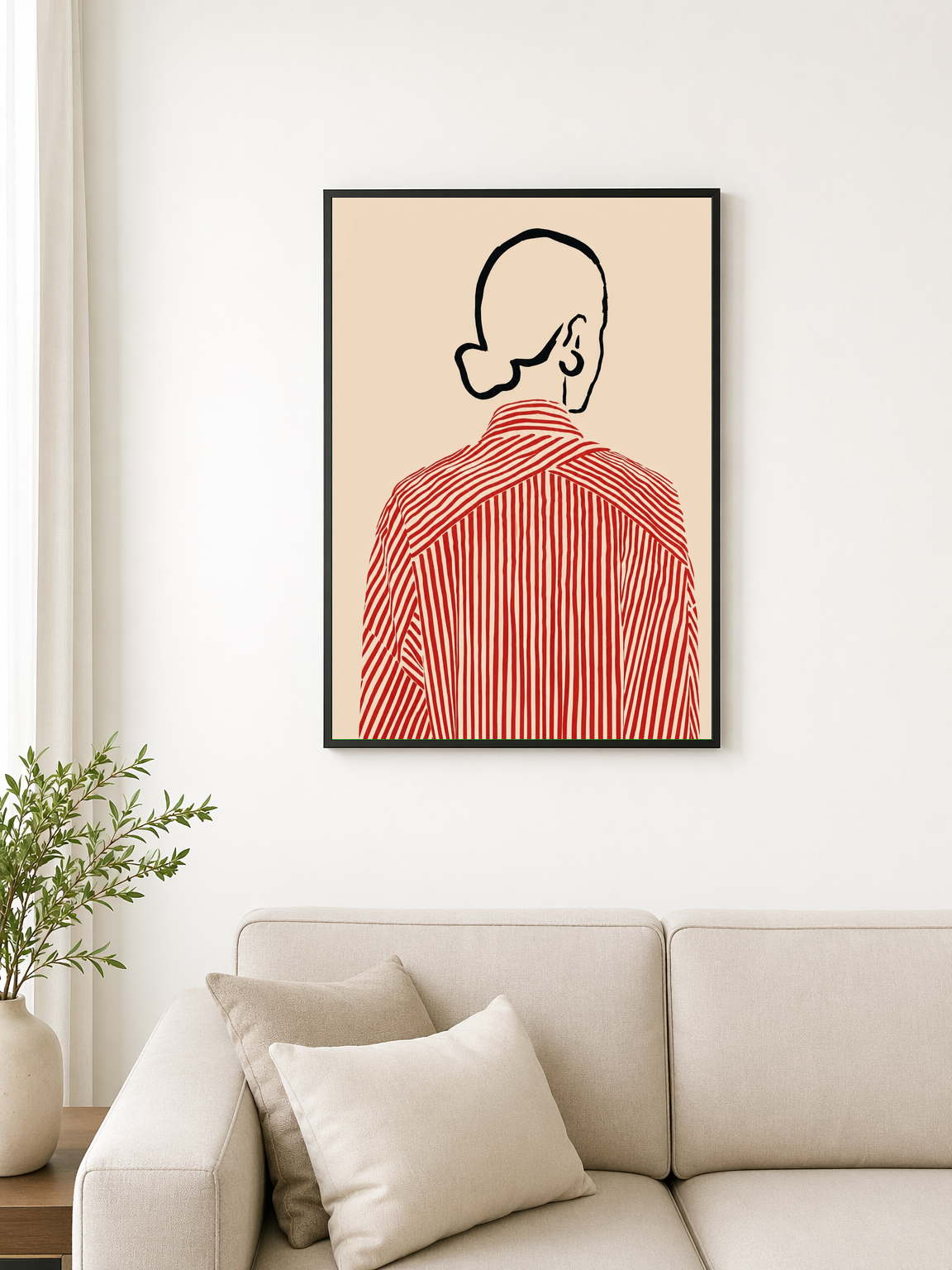 Minimal Line Portrait Red Stripe Wall Art Print - black framed