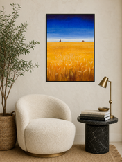Golden Wheat Field Landscape Wall Art Print - black framed