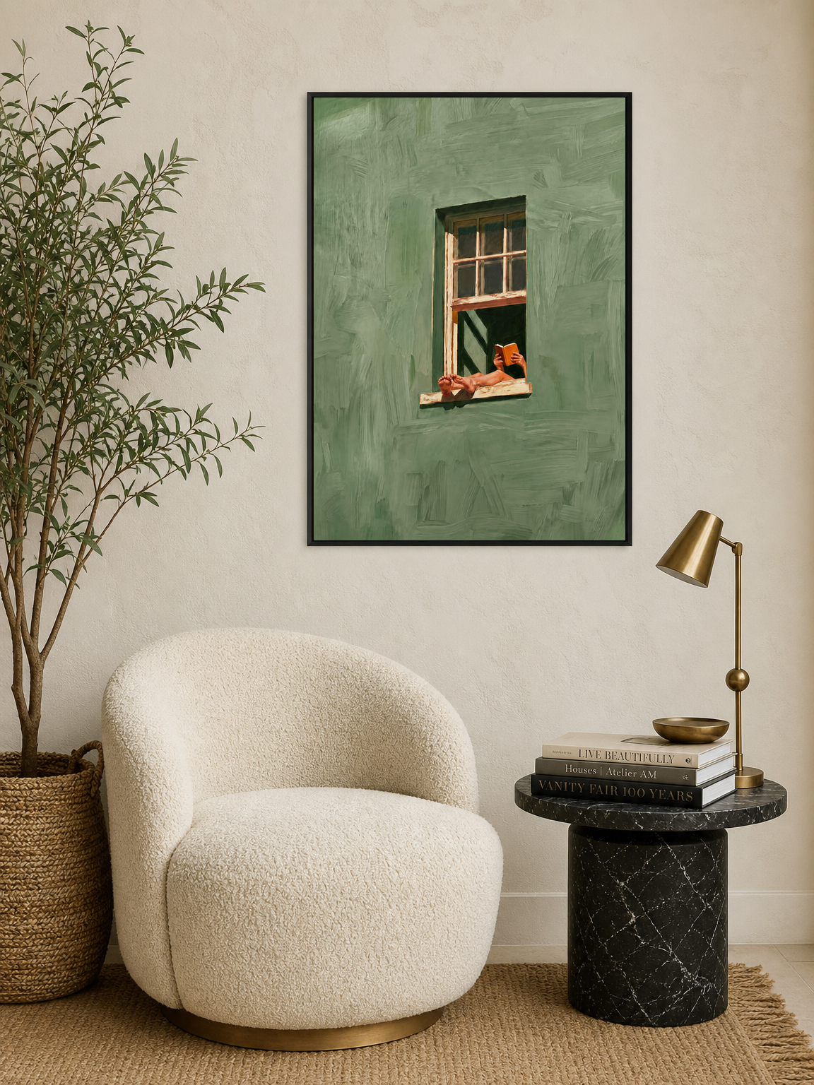 Relaxed Reader in Green Window Wall Art Print - black framed