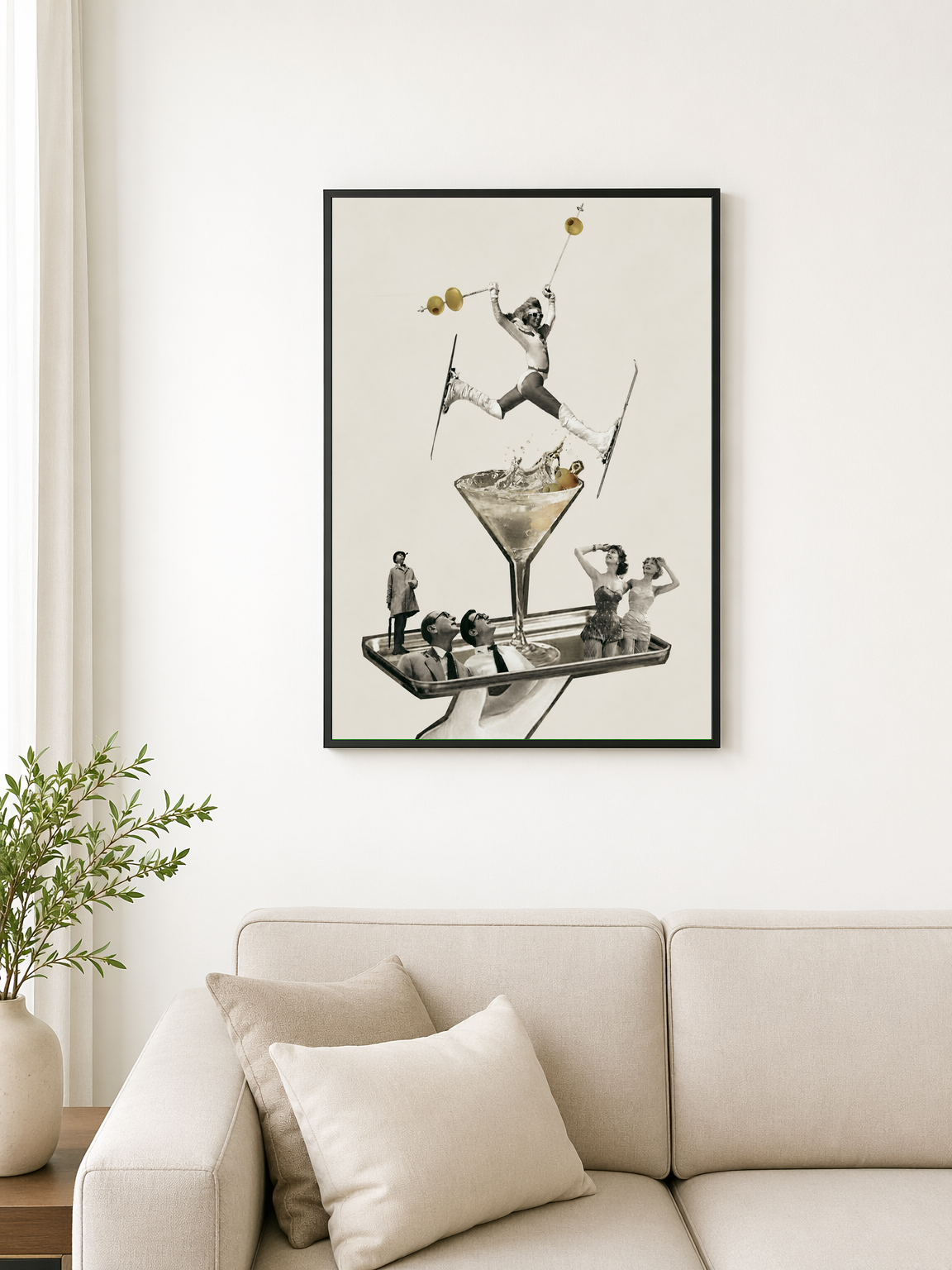 Retro Ski Martini Surreal Wall Art Print - black framed