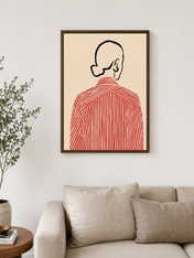 Minimal Line Portrait Red Stripe Wall Art Print - dark wood framed