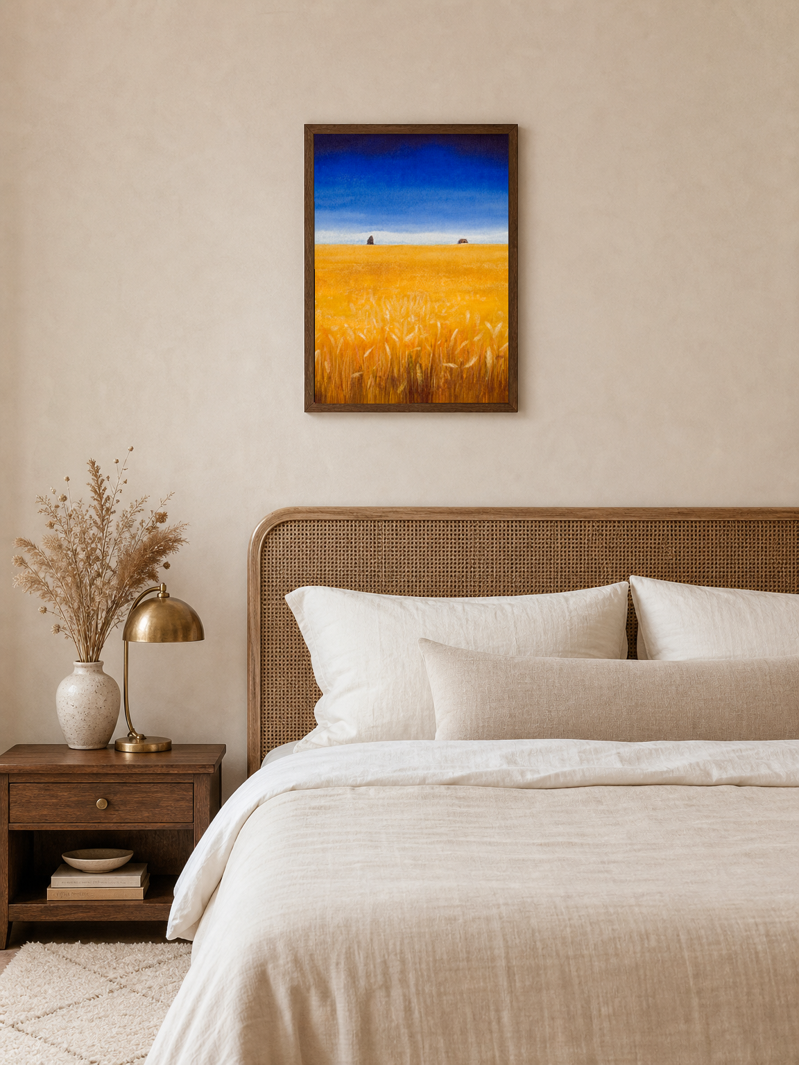 Golden Wheat Field Landscape Wall Art Print - dark wood framed