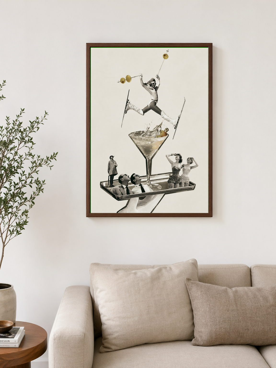 Retro Ski Martini Surreal Wall Art Print - dark wood framed