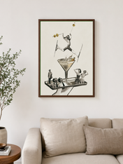 Retro Ski Martini Surreal Wall Art Print - dark wood framed
