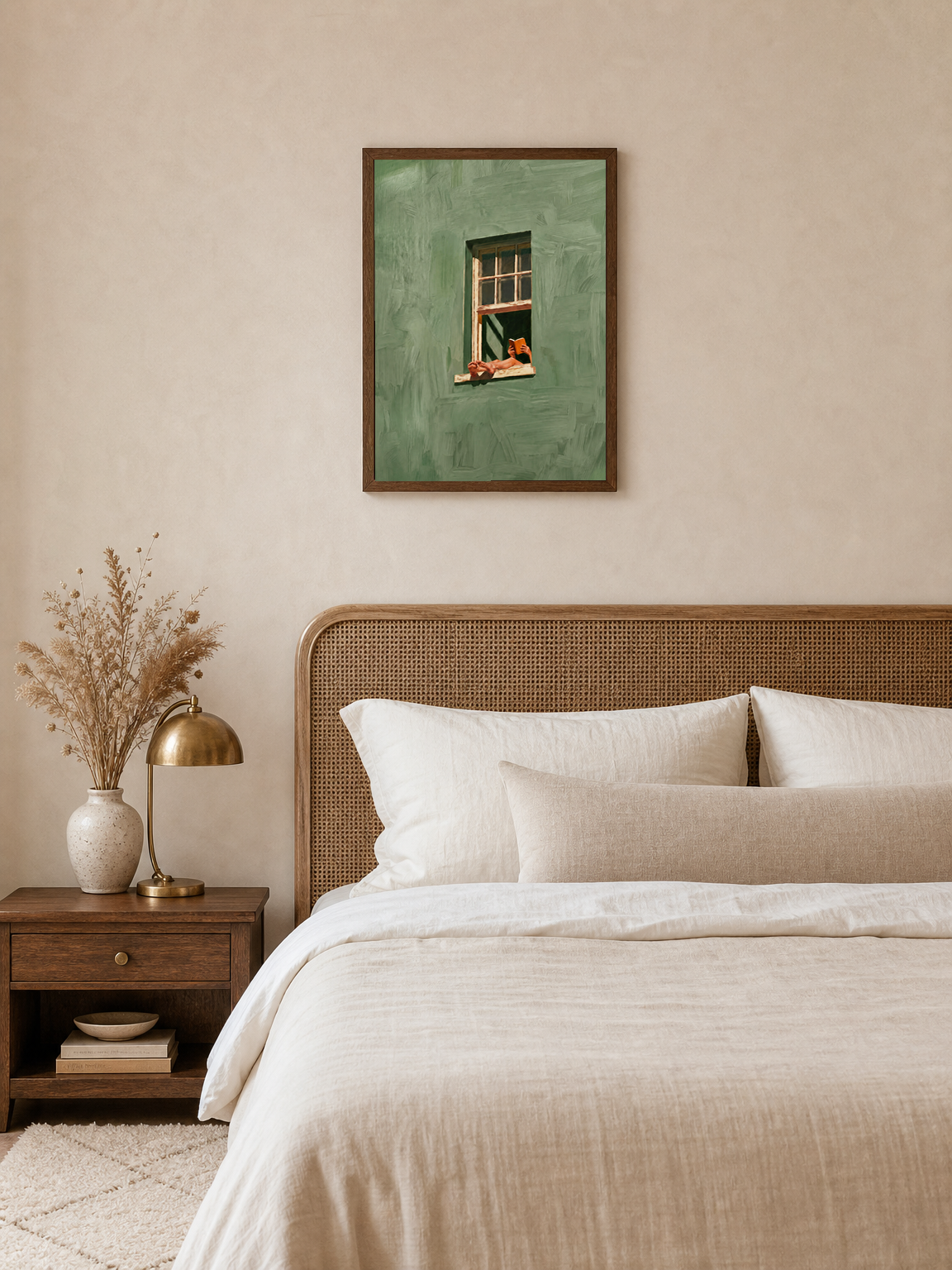 Relaxed Reader in Green Window Wall Art Print - dark wood framed
