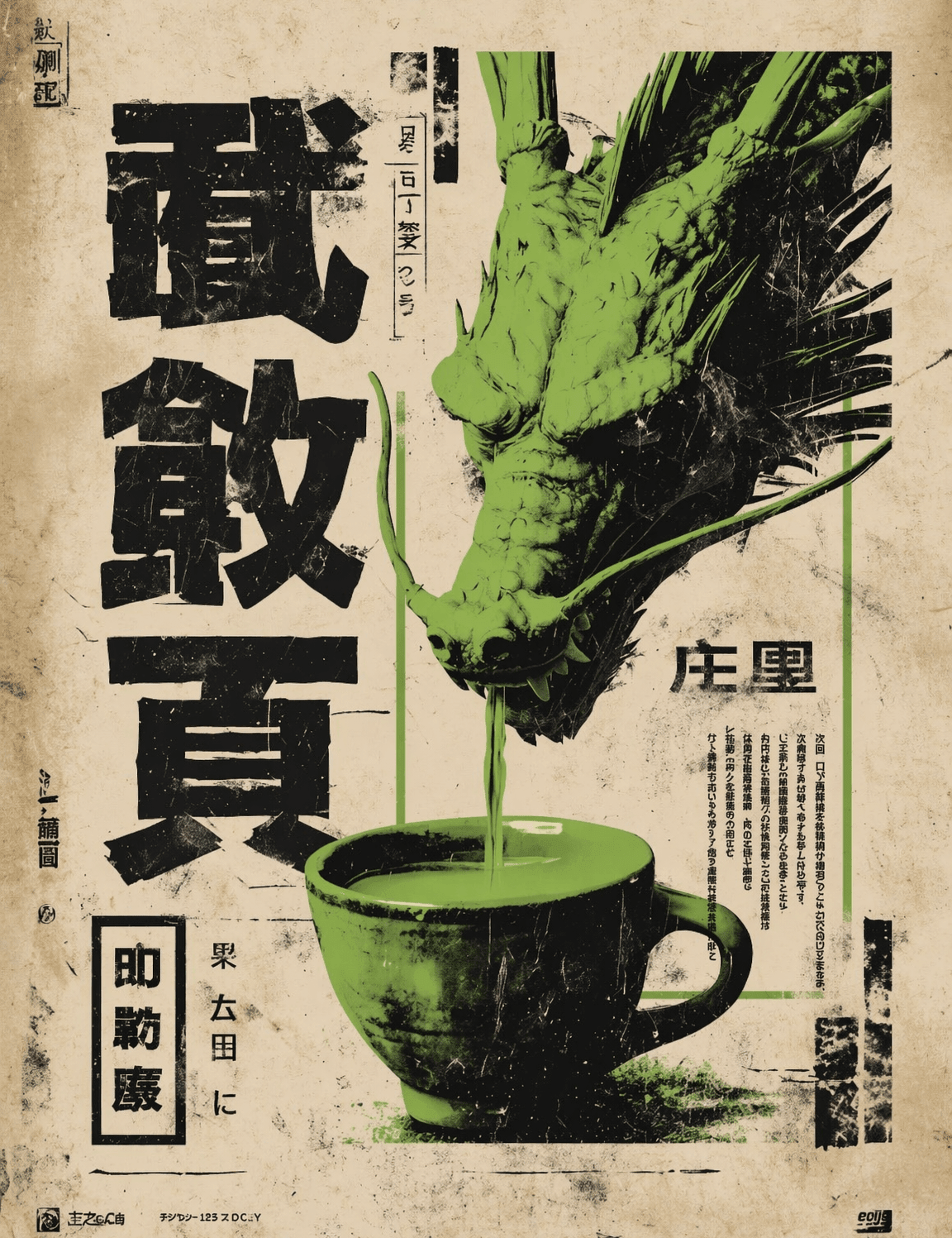 Green Dragon Coffee Japanese Wall Art Print - unframed