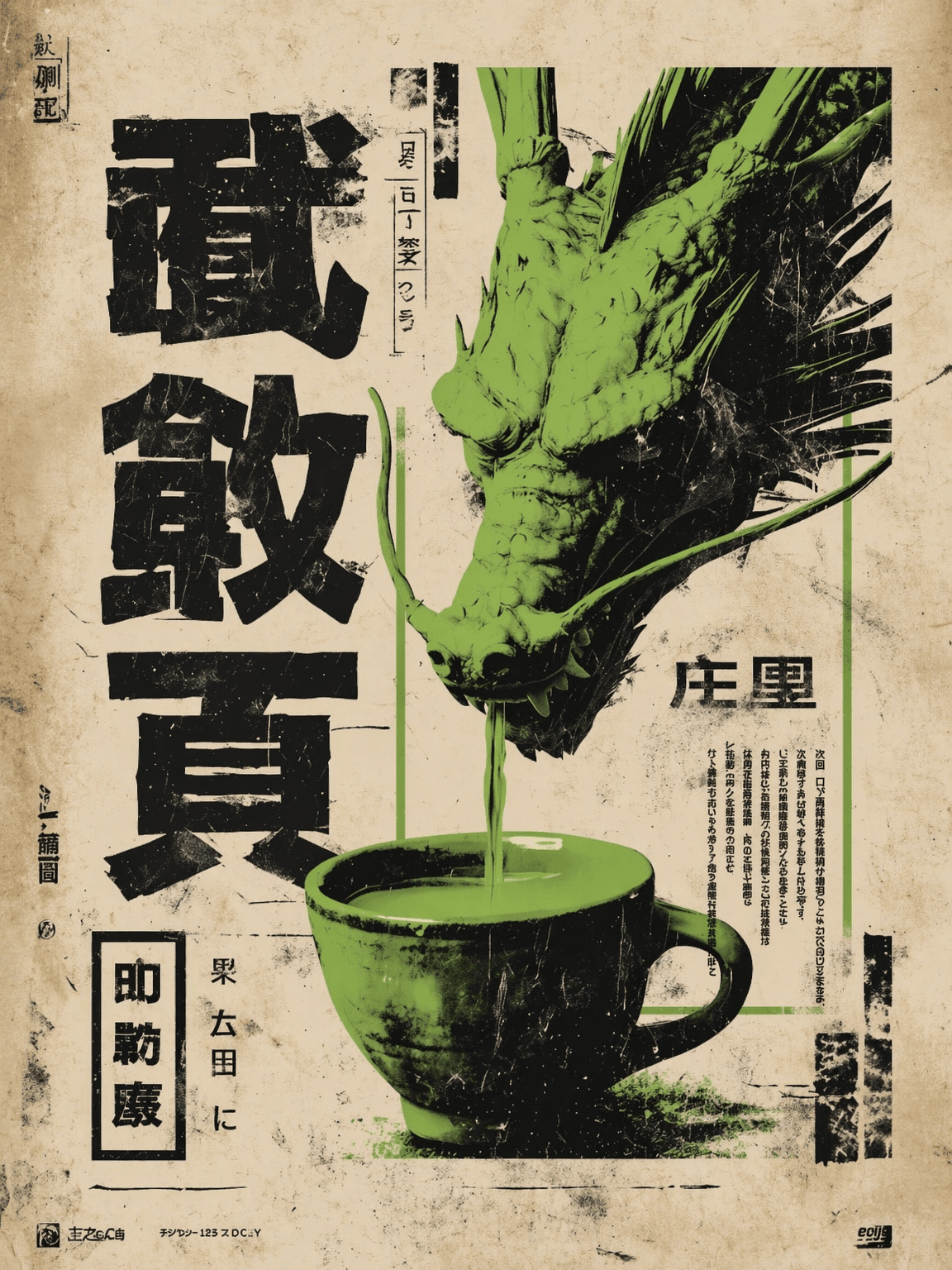 Green Dragon Coffee Japanese Wall Art Print - unframed
