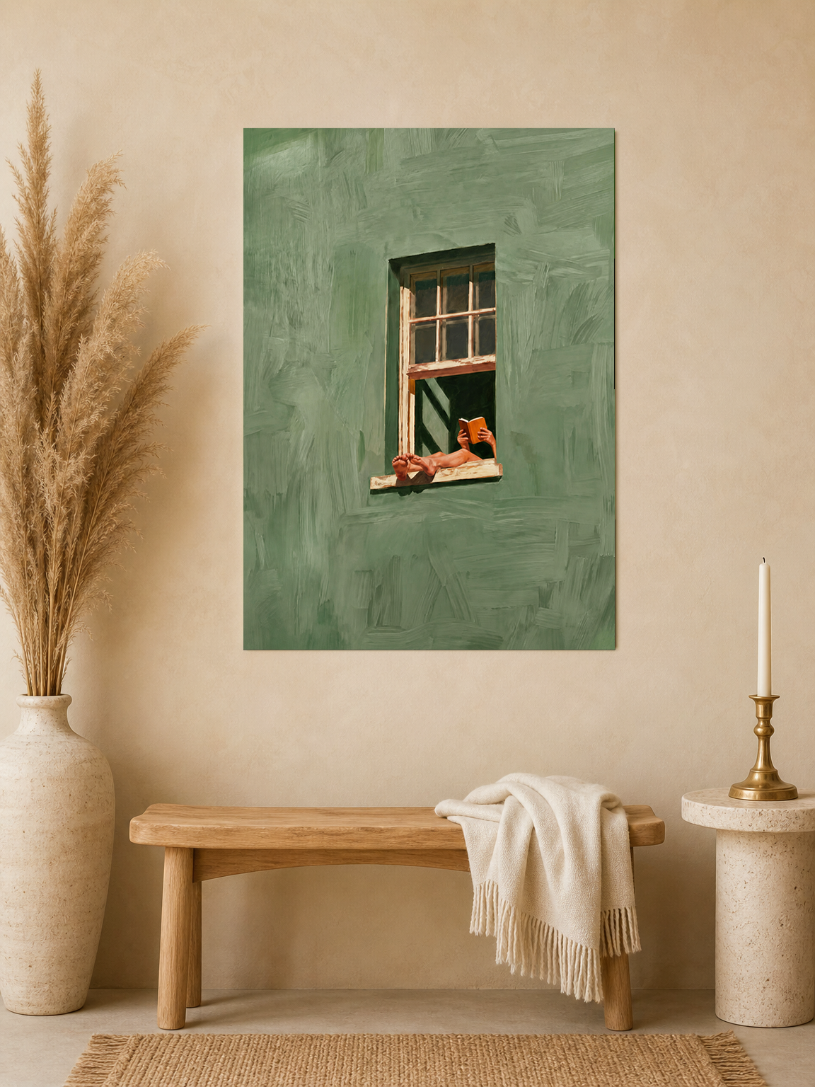 Relaxed Reader in Green Window Wall Art Print - unframed mockup