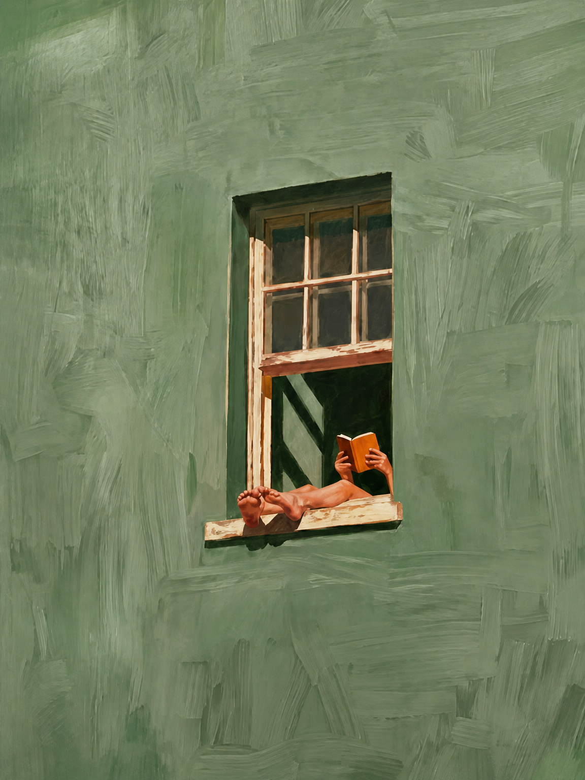 Relaxed Reader in Green Window Wall Art Print - unframed