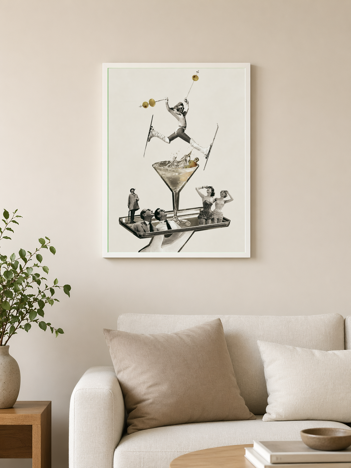 Retro Ski Martini Surreal Wall Art Print - white framed