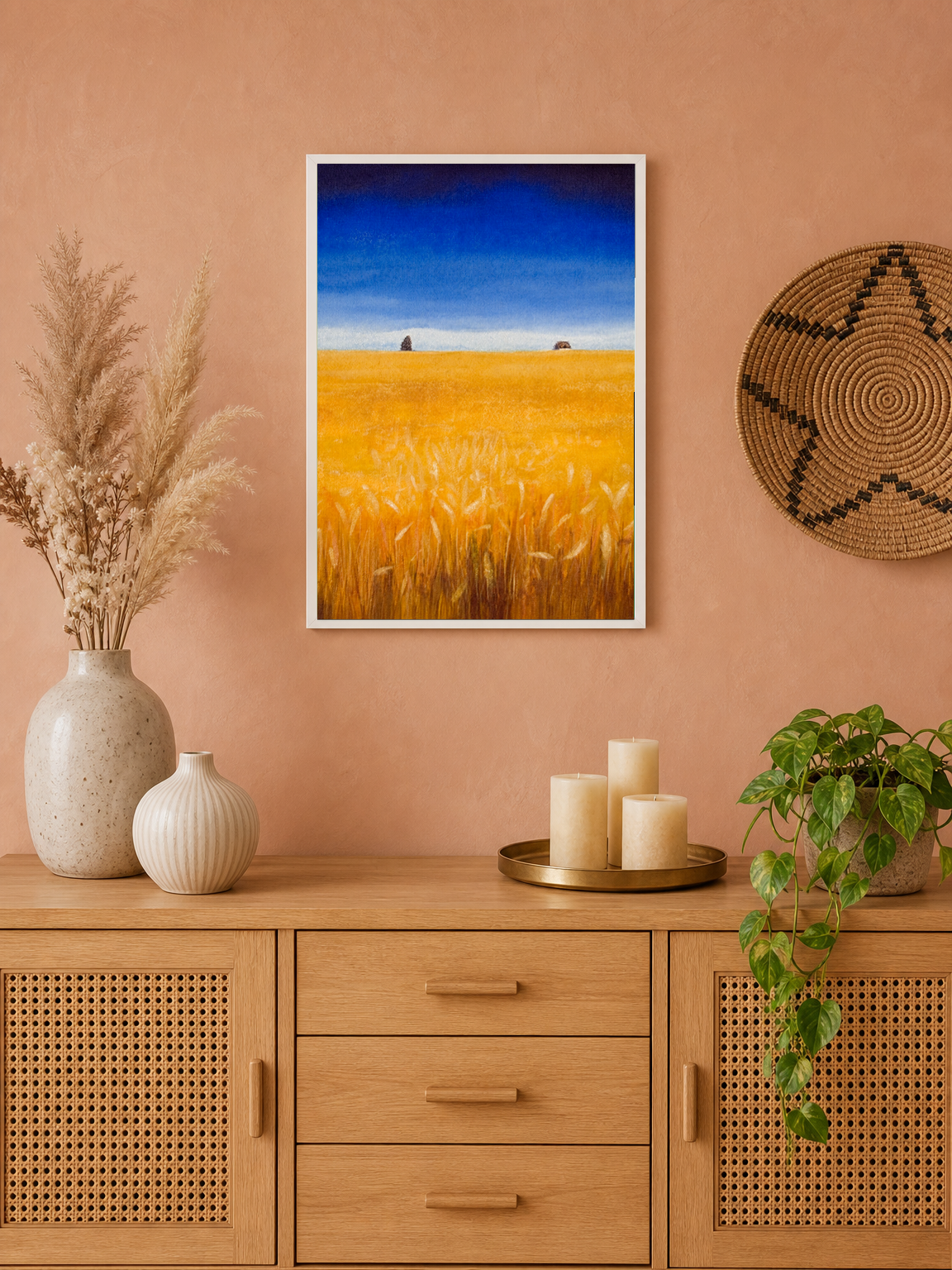 Golden Wheat Field Landscape Wall Art Print - white framed