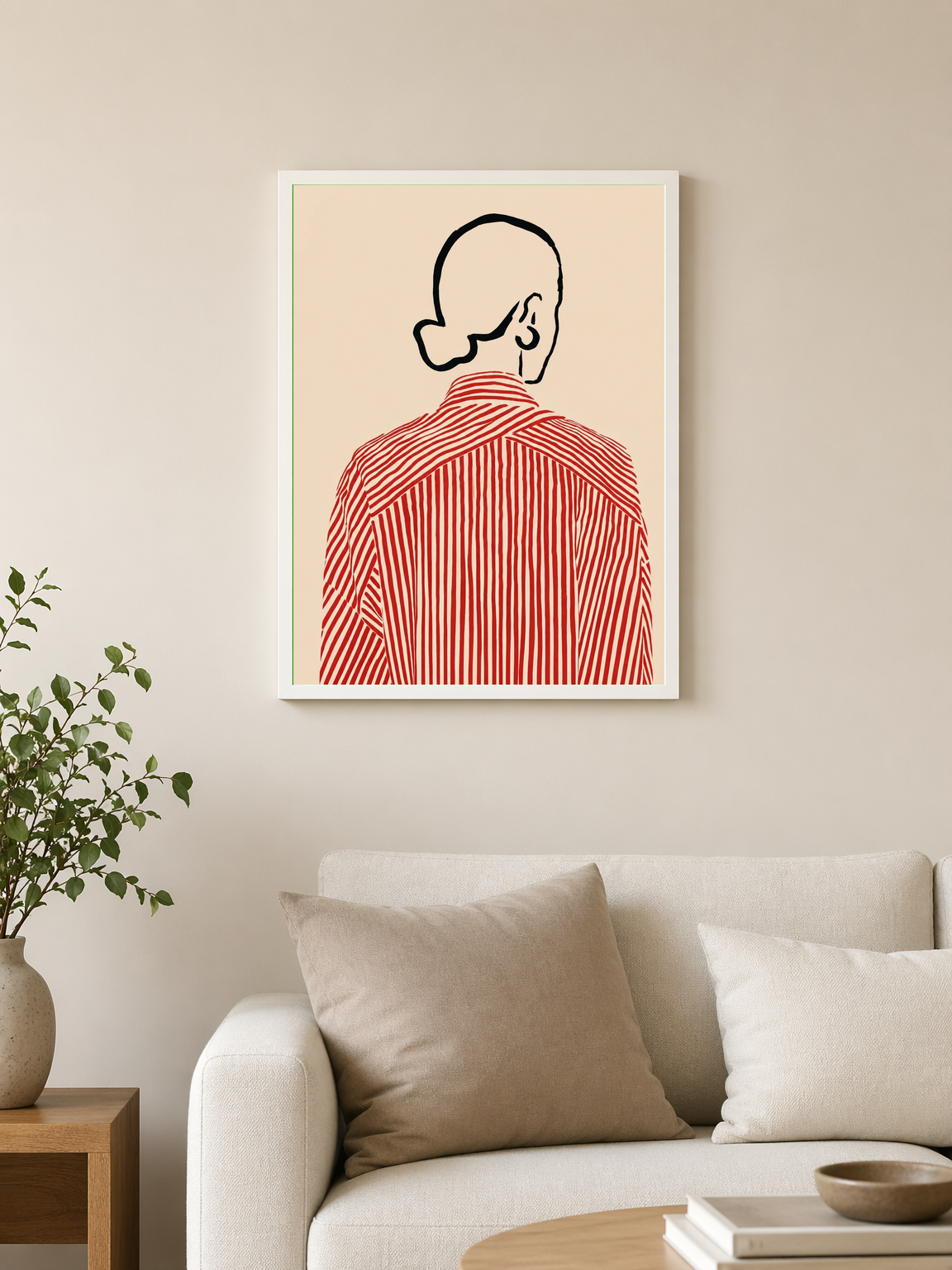 Minimal Line Portrait Red Stripe Wall Art Print - white framed