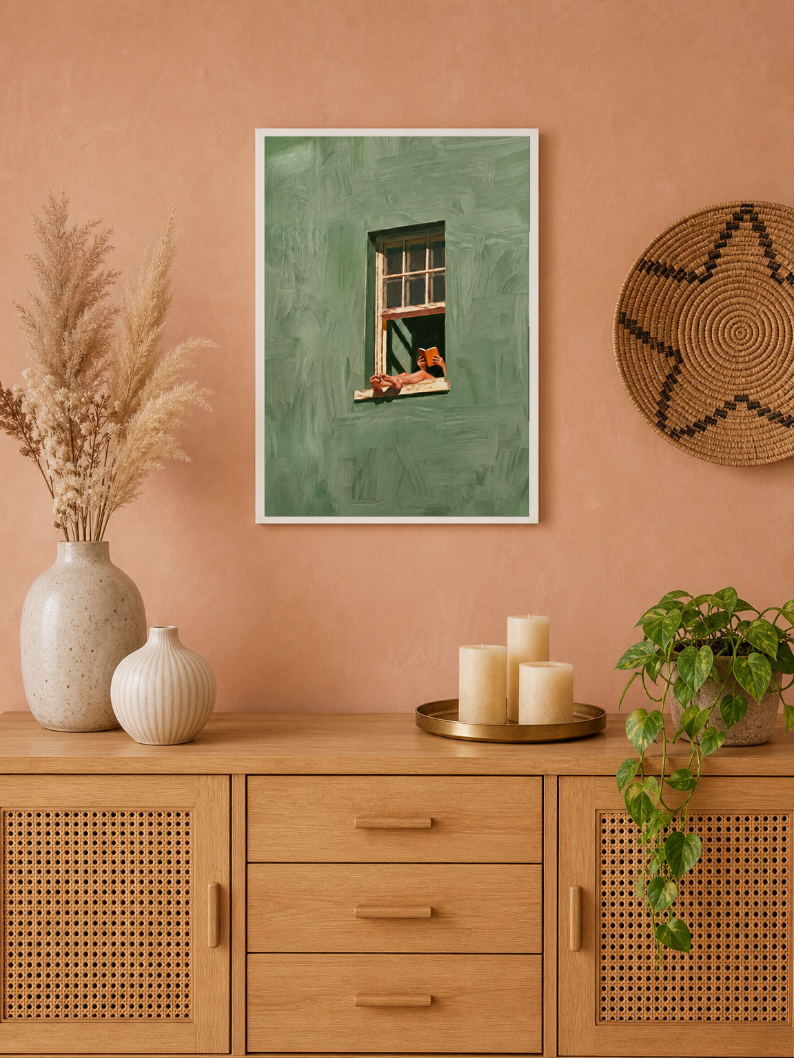 Relaxed Reader in Green Window Wall Art Print - white framed