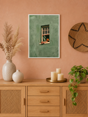 Relaxed Reader in Green Window Wall Art Print - white framed