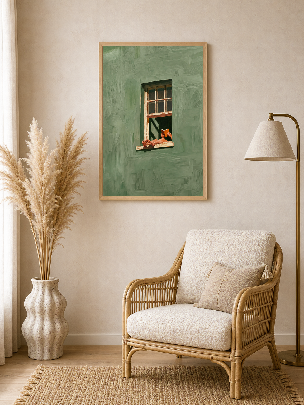 Relaxed Reader in Green Window Wall Art Print - wood framed poster