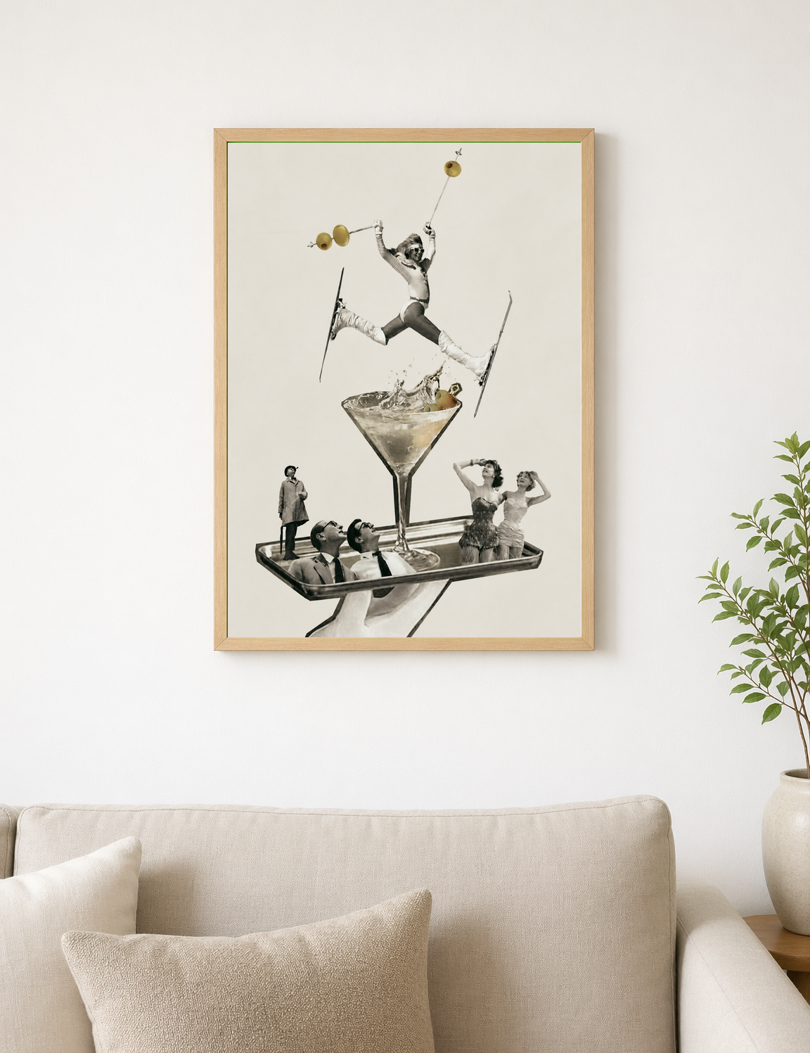 Retro Ski Martini Surreal Wall Art Print - wood framed poster