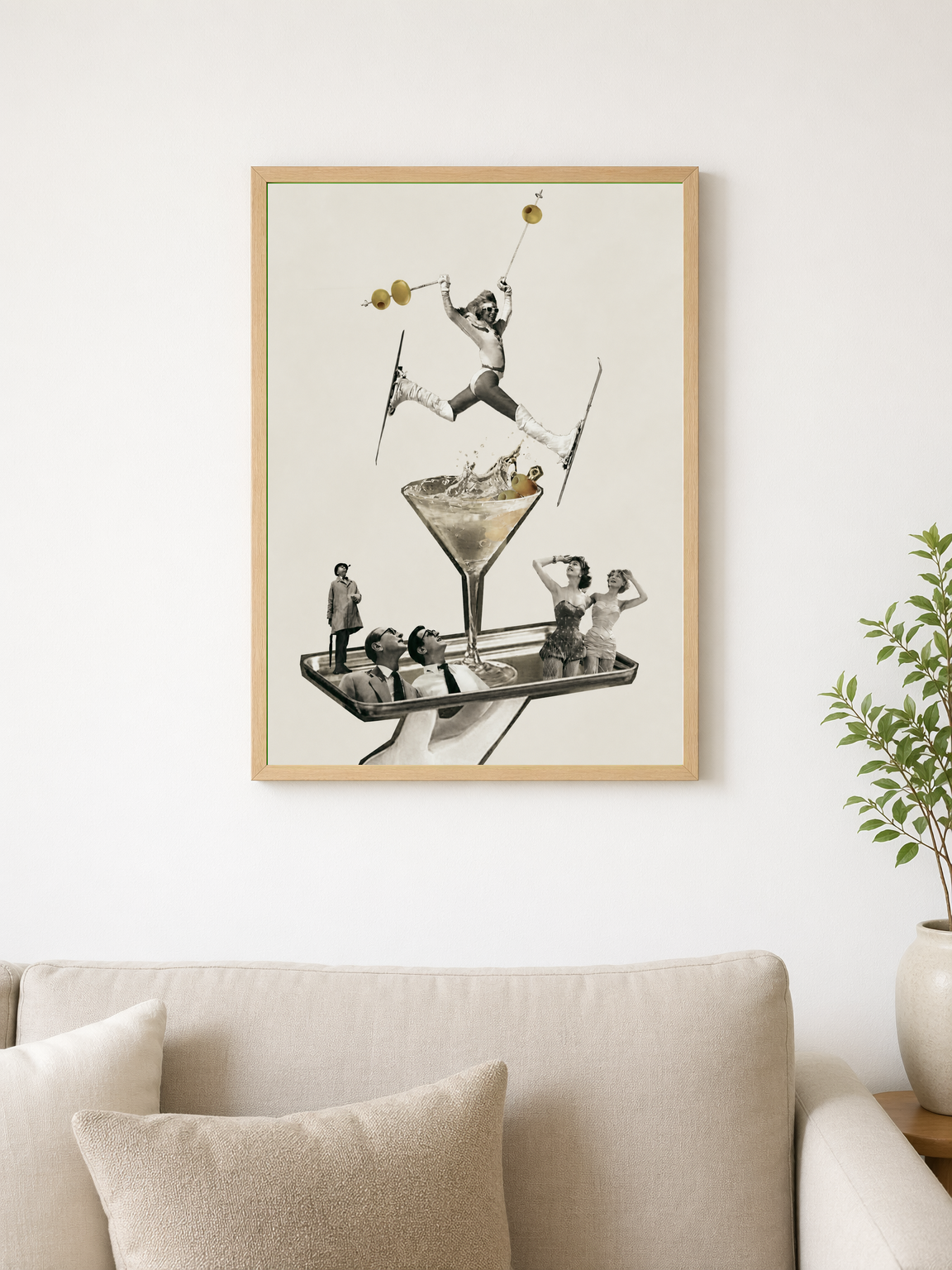 Retro Ski Martini Surreal Wall Art Print - wood framed poster