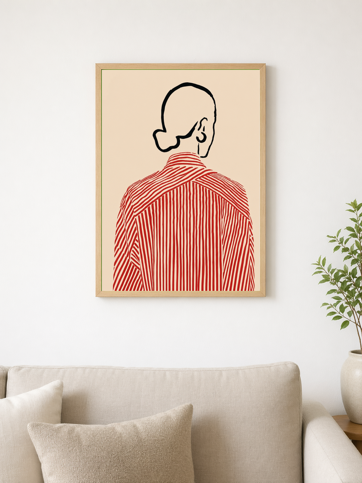 Minimal Line Portrait Red Stripe Wall Art Print - wood framed poster