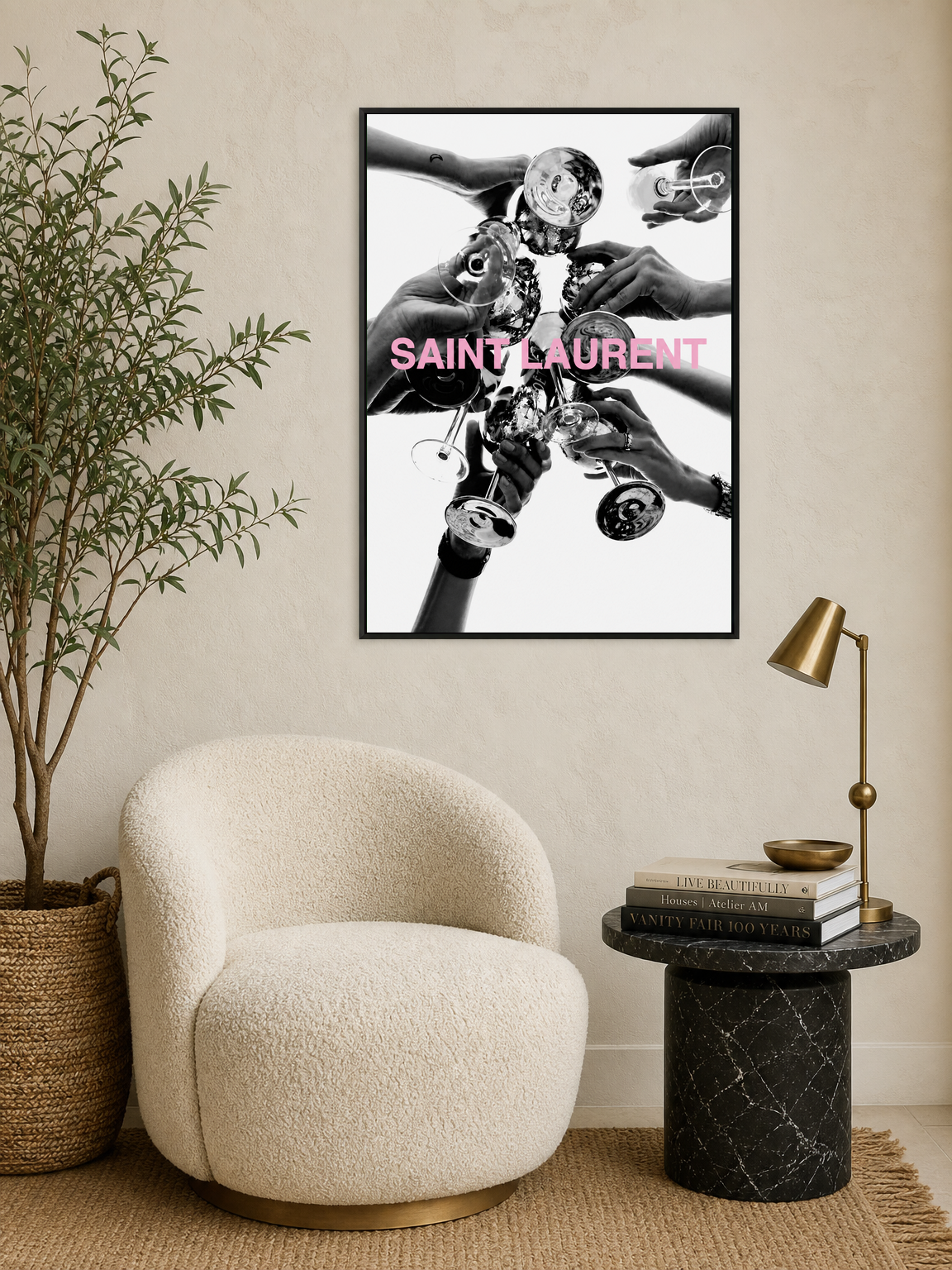 Saint Laurent Champagne Toast Wall Art Print - black framed