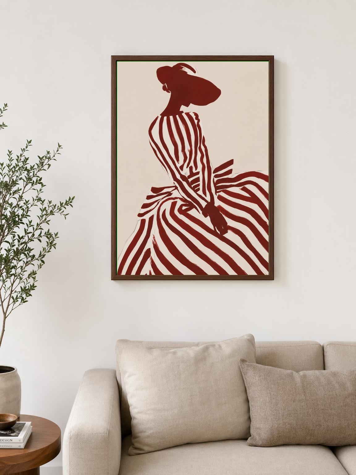 Striped Silhouette Fashion Wall Art Print - dark wood framed