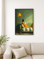 Cozy Reading Nook Wall Art Print in Green & Gold - black framed