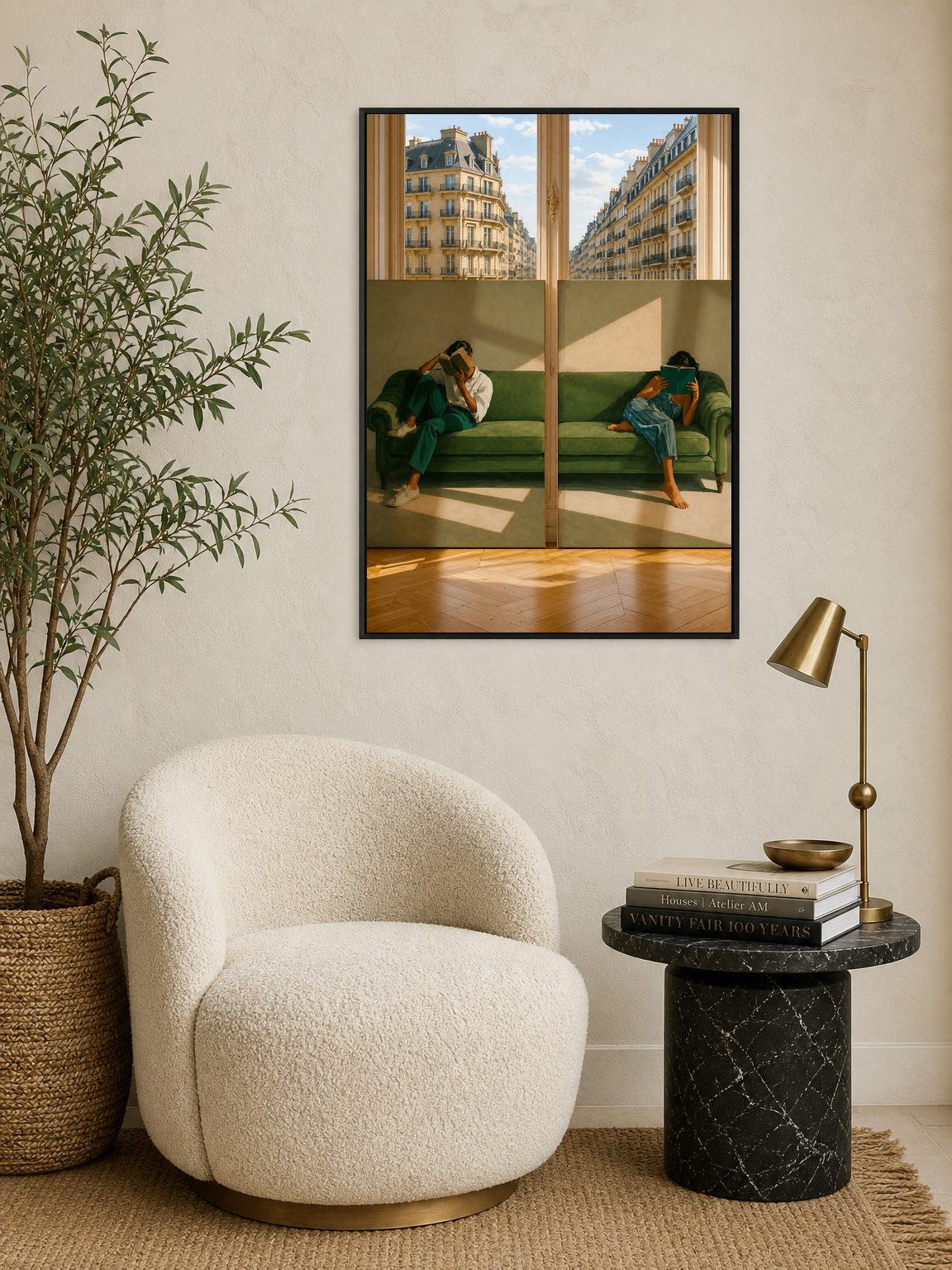 Paris Green Sofa Reading Wall Art Print - black framed