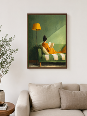 Cozy Reading Nook Wall Art Print in Green & Gold - dark wood framed