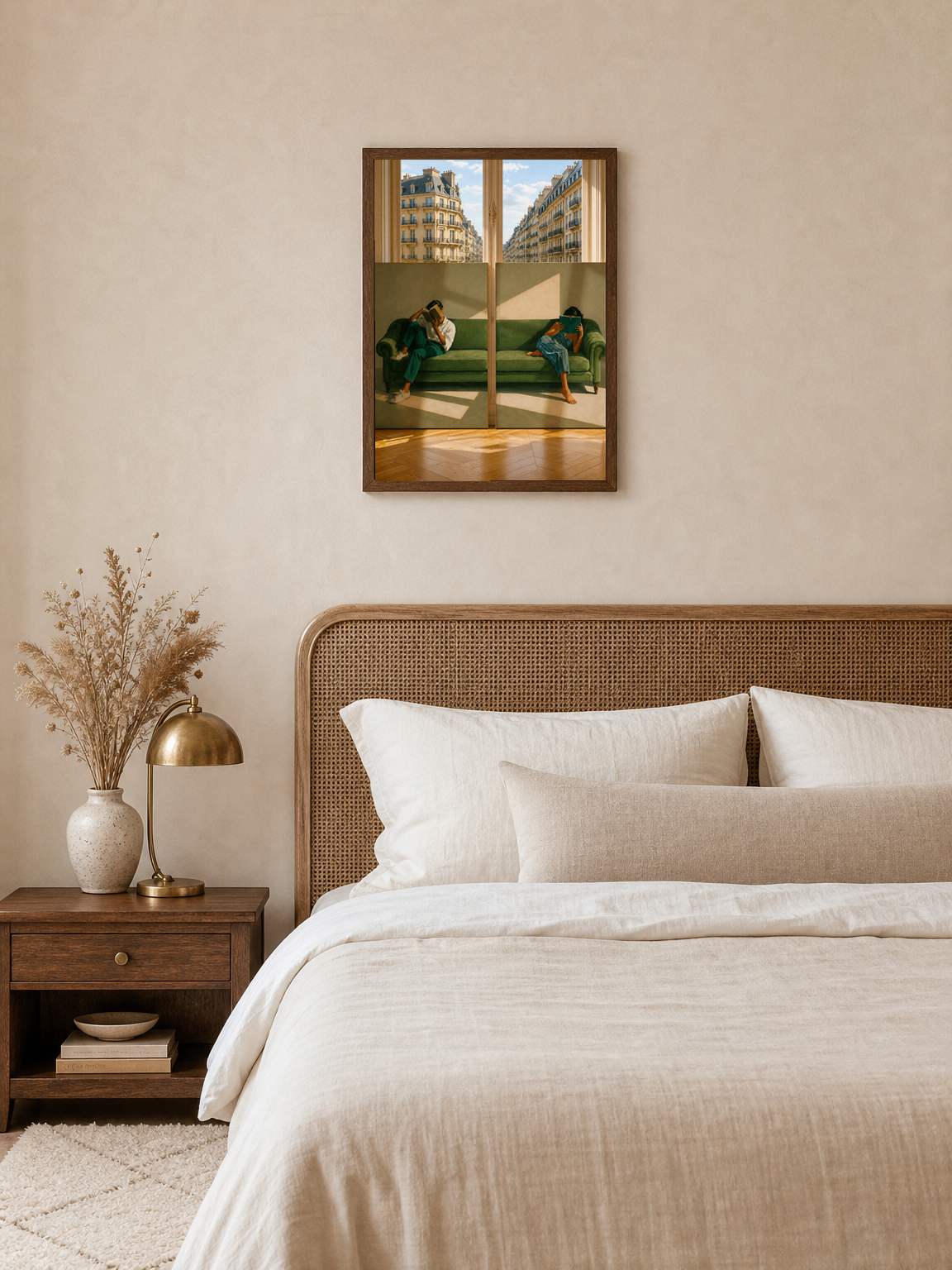 Paris Green Sofa Reading Wall Art Print - dark wood framed