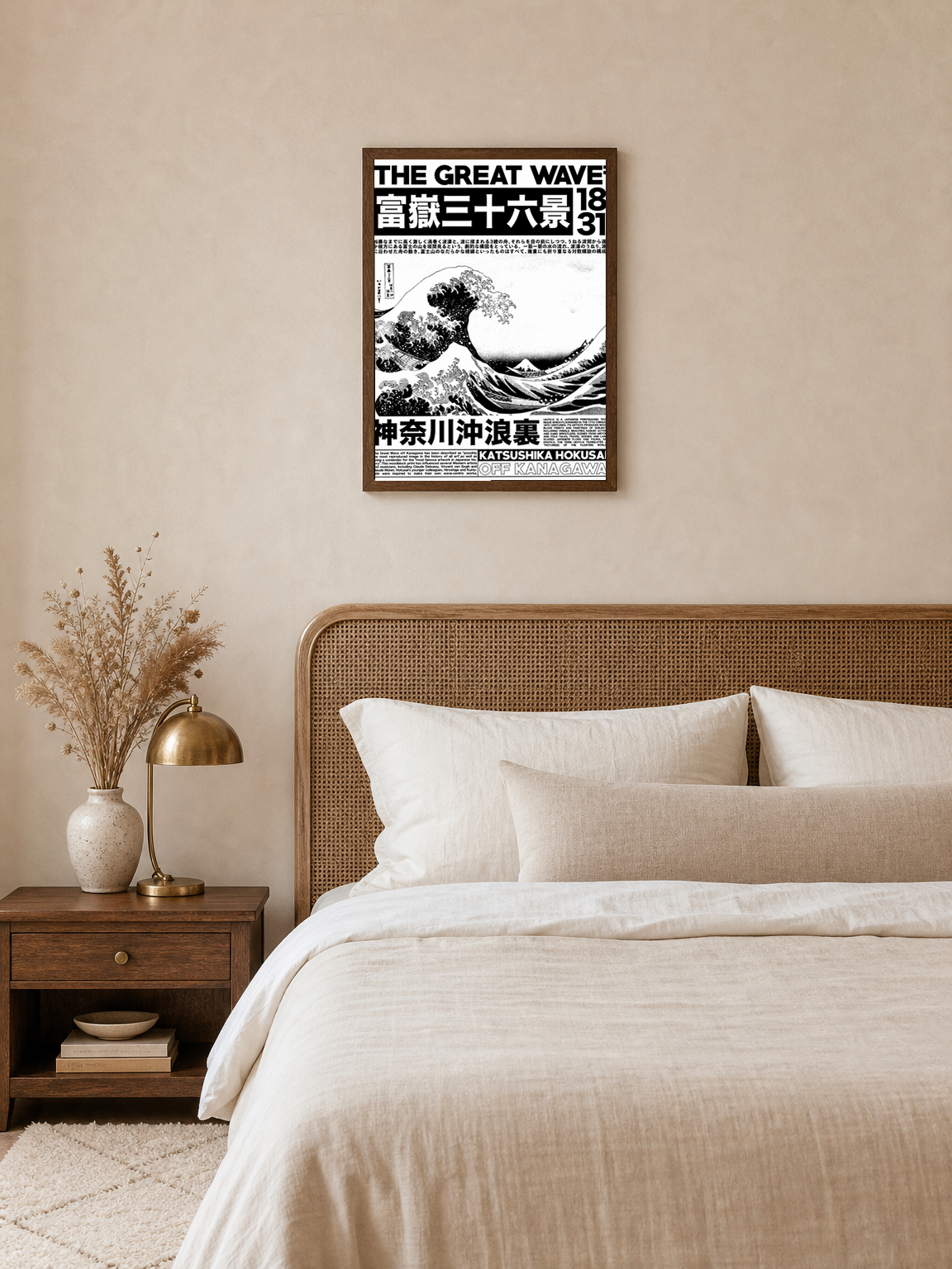 The Great Wave Wall Art Print by Hokusai - dark wood framed
