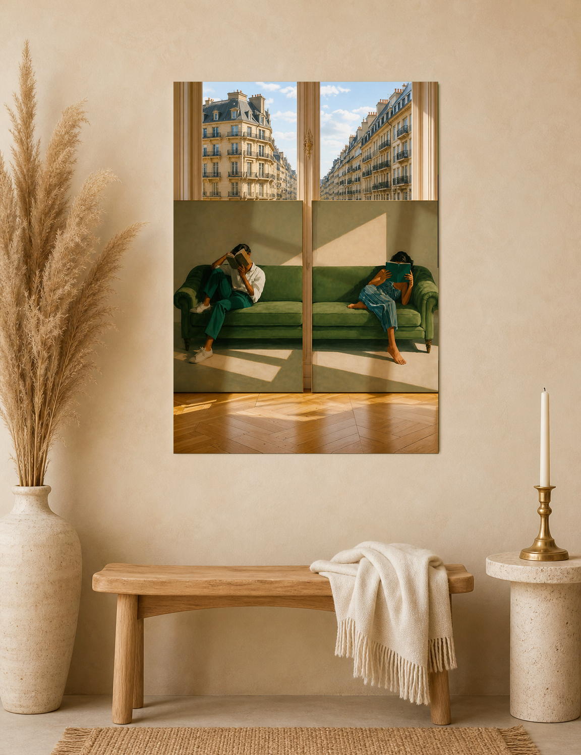 Paris Green Sofa Reading Wall Art Print - unframed mockup