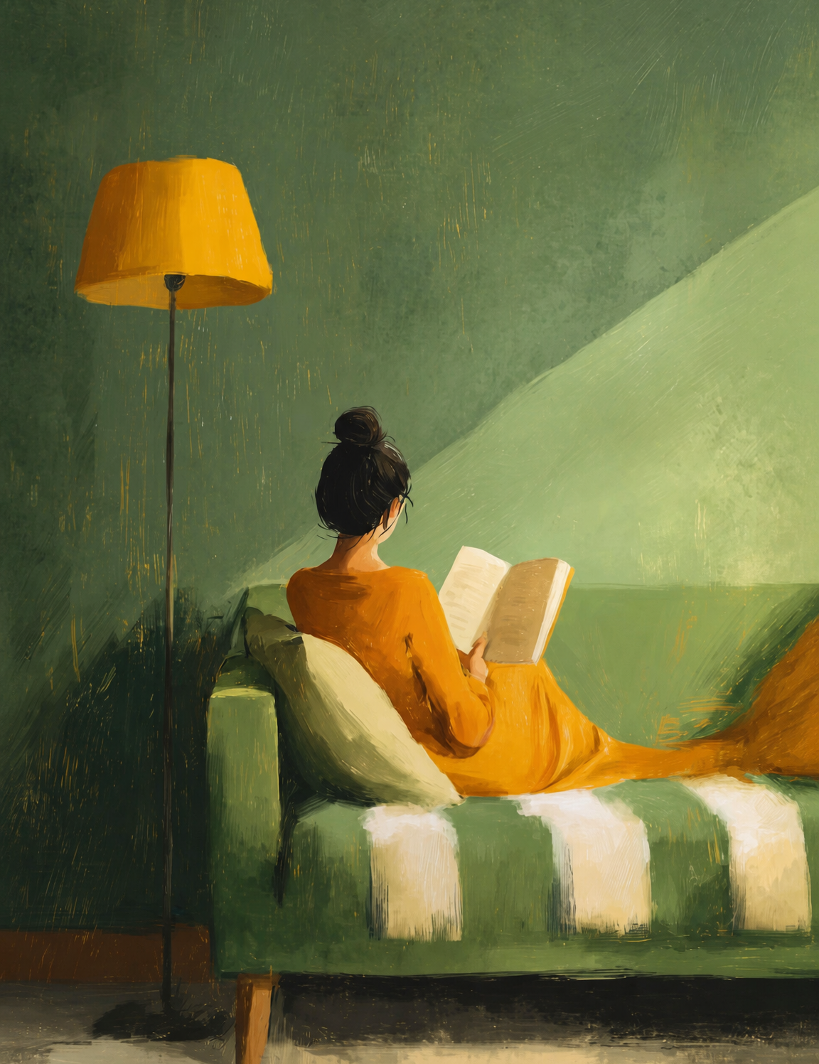 Cozy Reading Nook Wall Art Print in Green & Gold - unframed