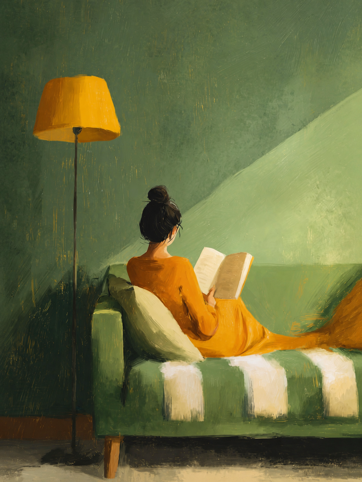 Cozy Reading Nook Wall Art Print in Green & Gold - unframed