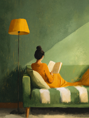 Cozy Reading Nook Wall Art Print in Green & Gold - unframed
