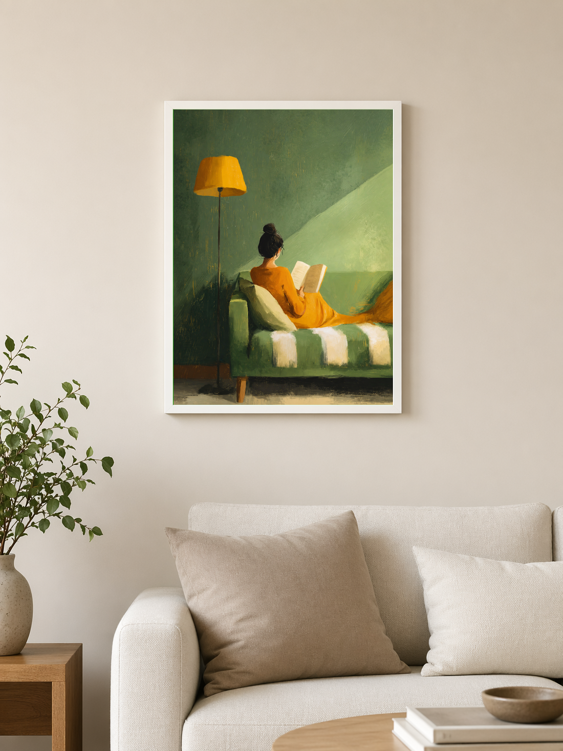 Cozy Reading Nook Wall Art Print in Green & Gold - white framed
