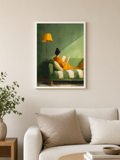 Cozy Reading Nook Wall Art Print in Green & Gold - white framed