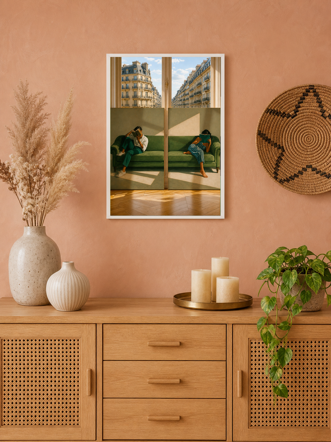 Paris Green Sofa Reading Wall Art Print - white framed