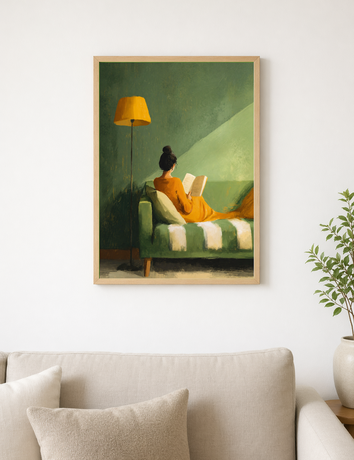 Cozy Reading Nook Wall Art Print in Green & Gold - wood framed poster