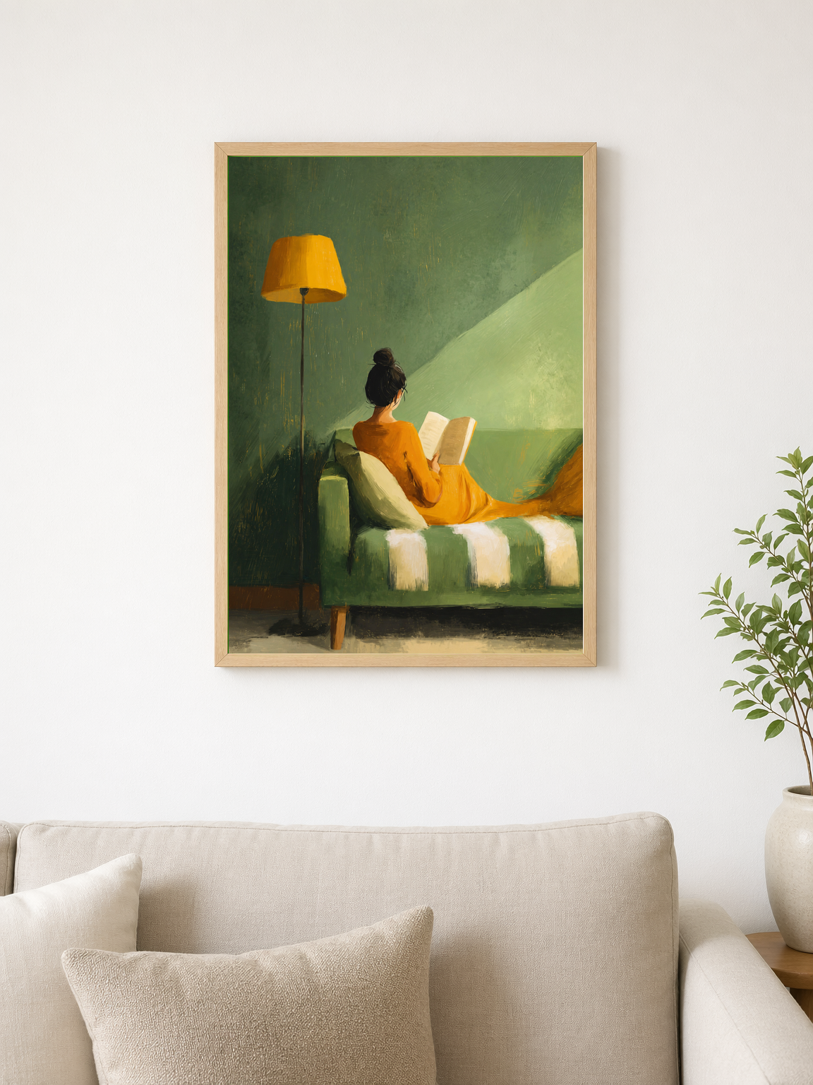 Cozy Reading Nook Wall Art Print in Green & Gold - wood framed poster