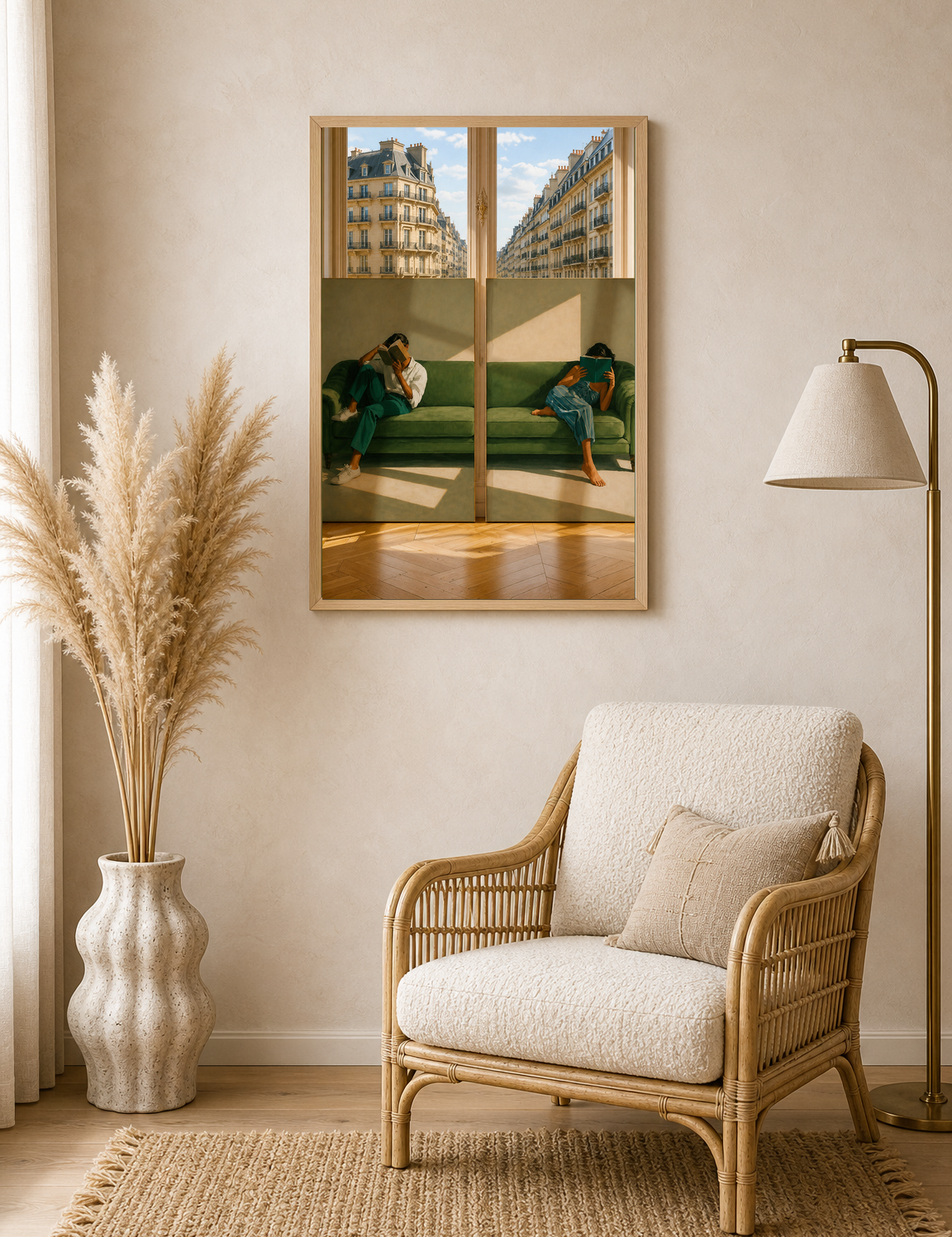 Paris Green Sofa Reading Wall Art Print - wood framed poster