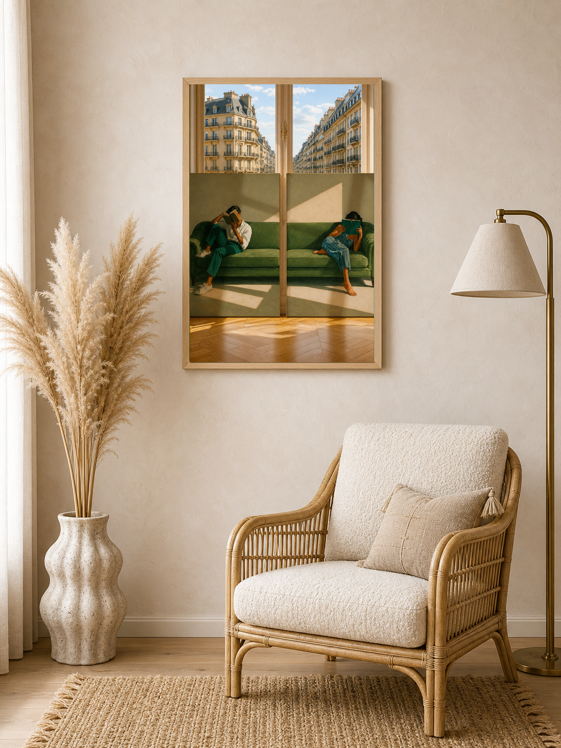 Paris Green Sofa Reading Wall Art Print - wood framed poster