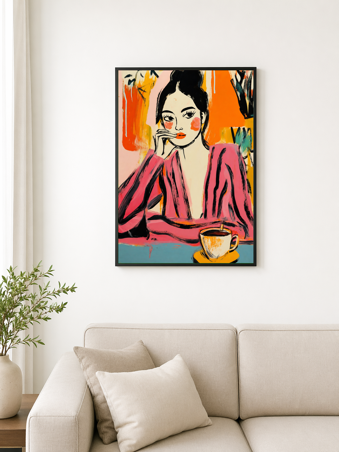 Pink Feminine Portrait Wall Art Print - black framed
